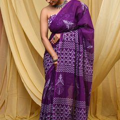 Women's Purple Ikkat & Bagru Print Pure Cotton Mulmul Saree - Drape View