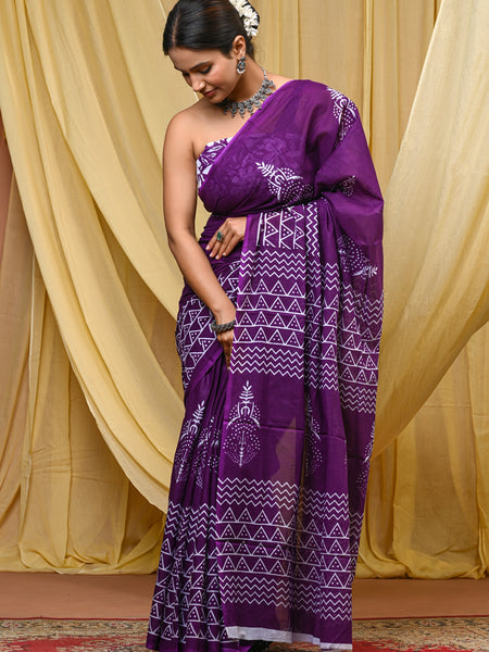 Women's Purple Ikkat & Bagru Print Pure Cotton Mulmul Saree - Drape View