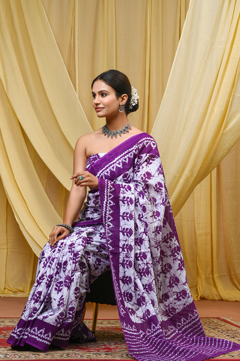 Women's Purple Traditional Booti Pure Cotton Mulmul Saree - Front View