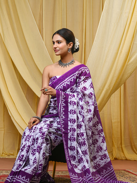 Women's Purple Traditional Booti Pure Cotton Mulmul Saree - Front View