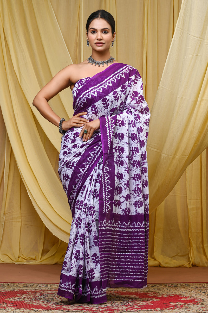 Women's Purple Traditional Booti Pure Cotton Mulmul Saree - Side / Back View