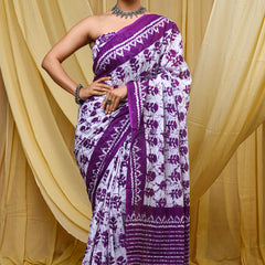 Women's Purple Traditional Booti Pure Cotton Mulmul Saree - Side / Back View