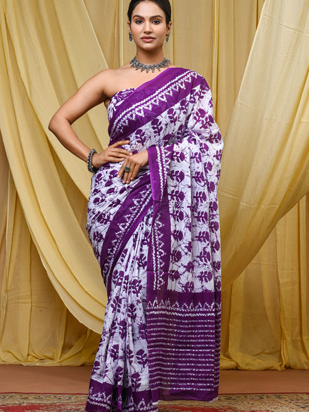 Women's Purple Traditional Booti Pure Cotton Mulmul Saree - Side / Back View