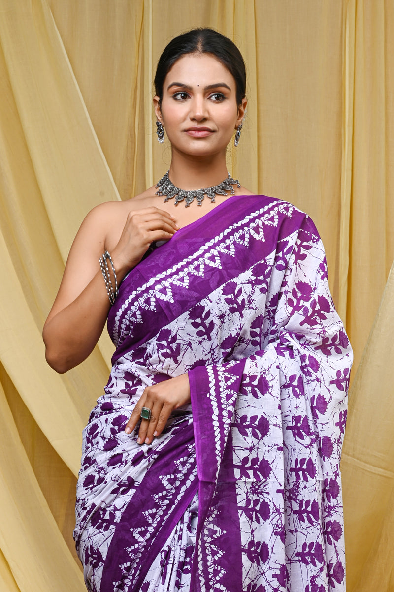 Women's Purple Traditional Booti Pure Cotton Mulmul Saree - Detail View