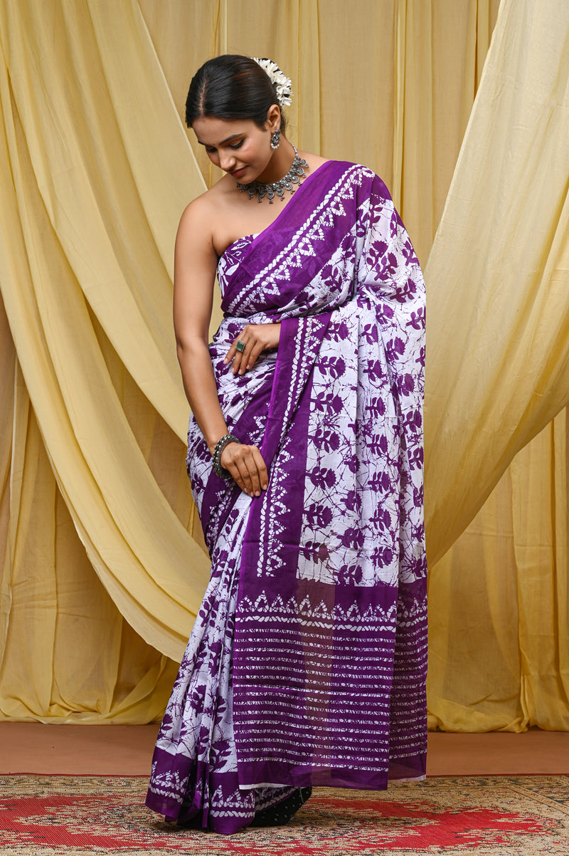 Women's Purple Traditional Booti Pure Cotton Mulmul Saree - Drape View