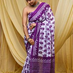 Women's Purple Traditional Booti Pure Cotton Mulmul Saree - Drape View