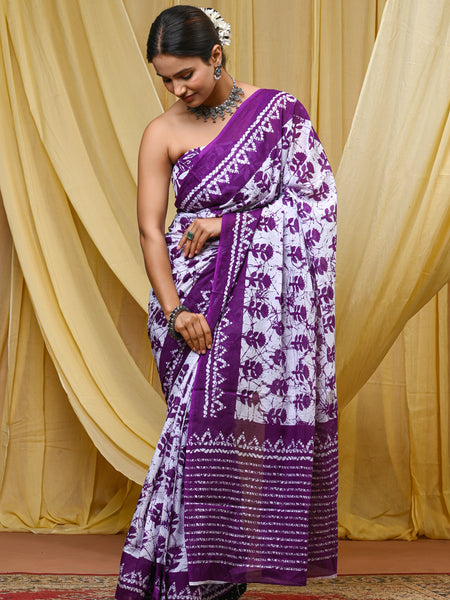 Women's Purple Traditional Booti Pure Cotton Mulmul Saree - Drape View