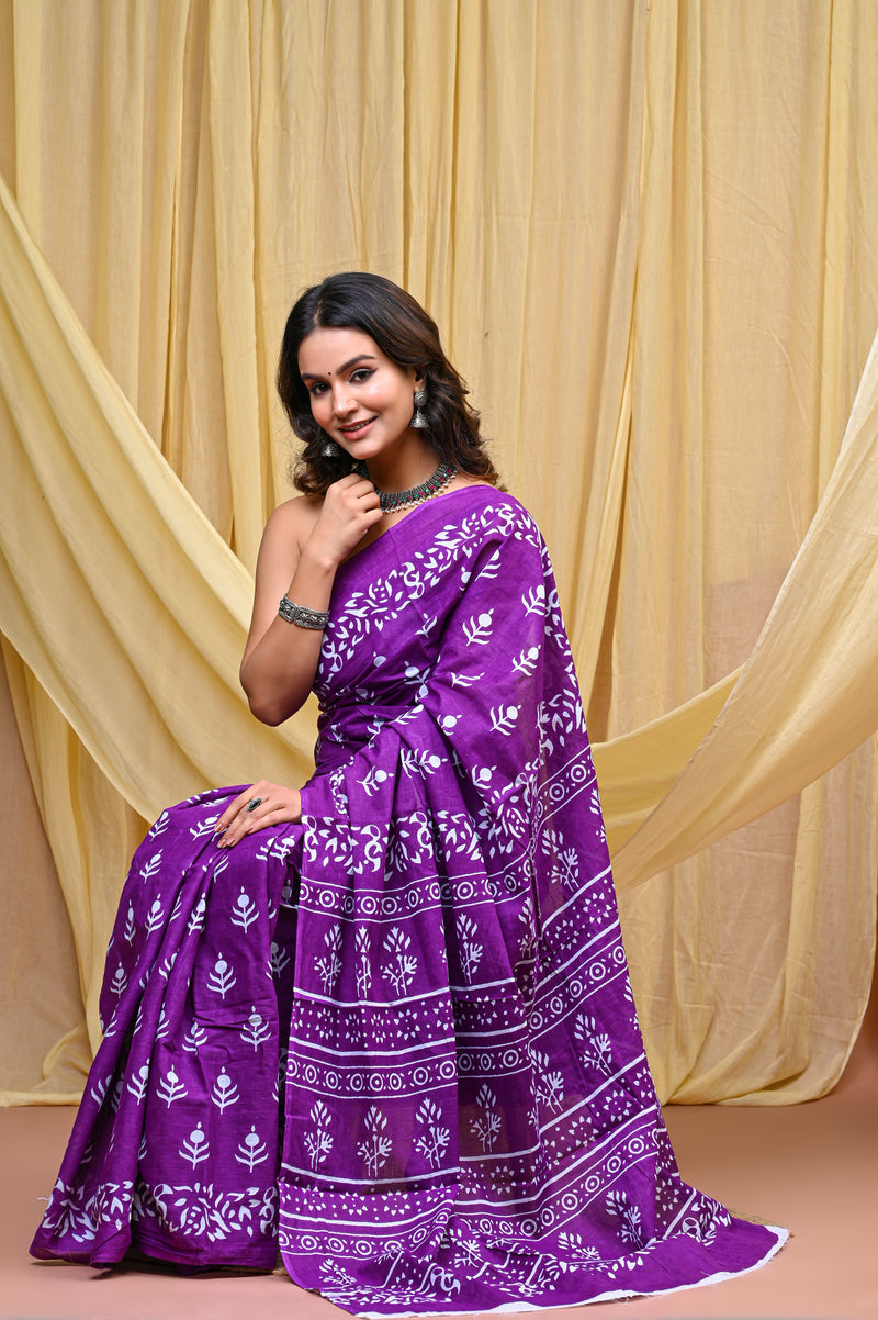 Women's Purple Bold Patta Border Pure Cotton Mulmul Saree - Front View