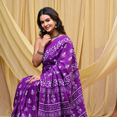 Women's Purple Bold Patta Border Pure Cotton Mulmul Saree - Front View