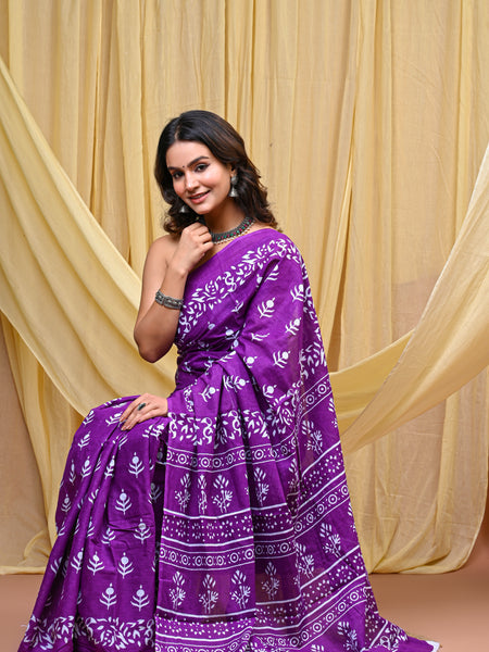 Women's Purple Bold Patta Border Pure Cotton Mulmul Saree - Front View