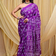 Women's Purple Bold Patta Border Pure Cotton Mulmul Saree - Side / Back View