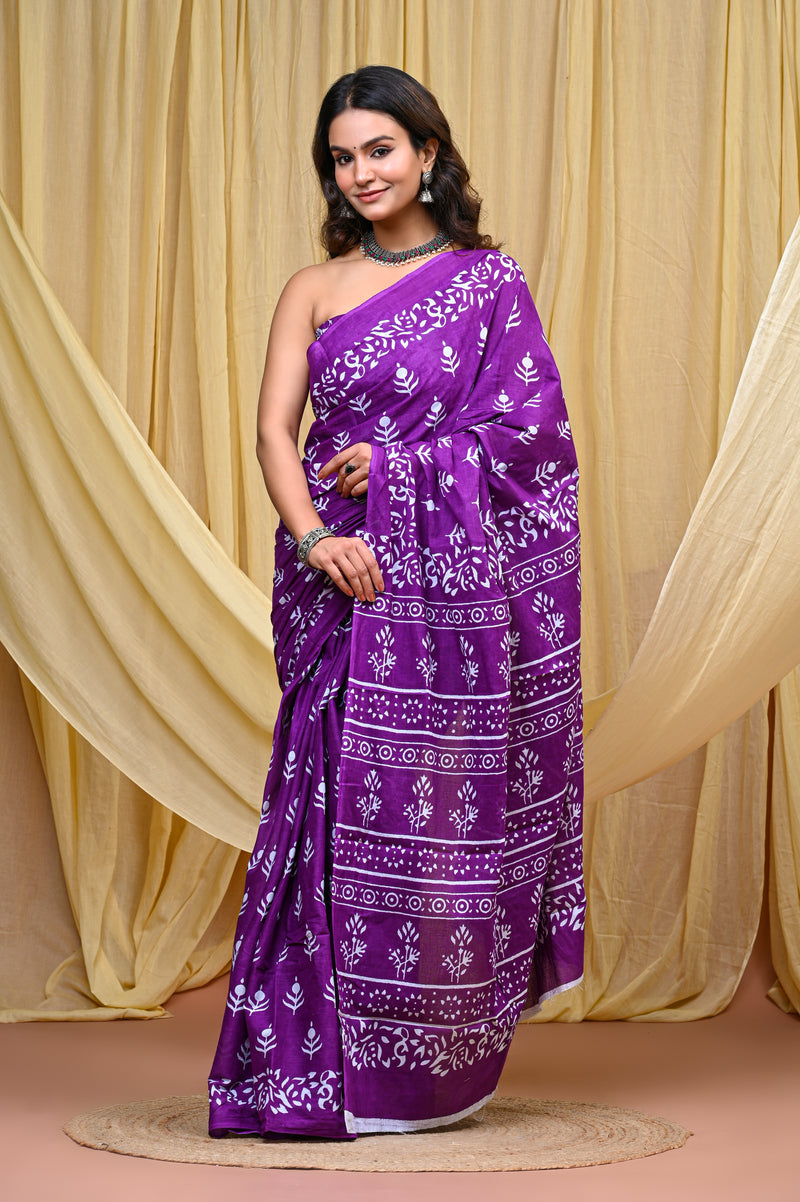 Women's Purple Bold Patta Border Pure Cotton Mulmul Saree - Drape View