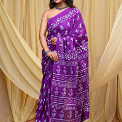Women's Purple Bold Patta Border Pure Cotton Mulmul Saree - Drape View
