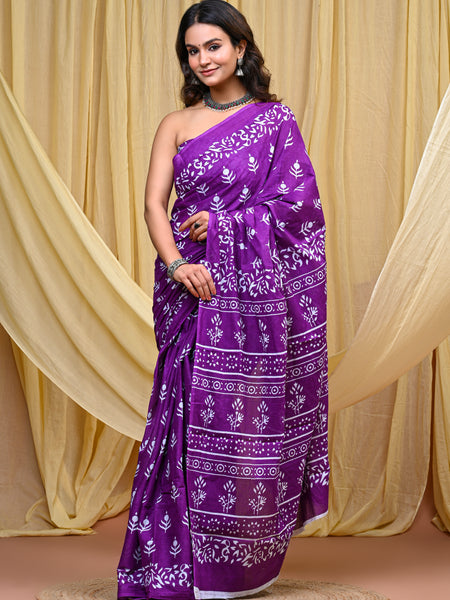 Women's Purple Bold Patta Border Pure Cotton Mulmul Saree - Drape View