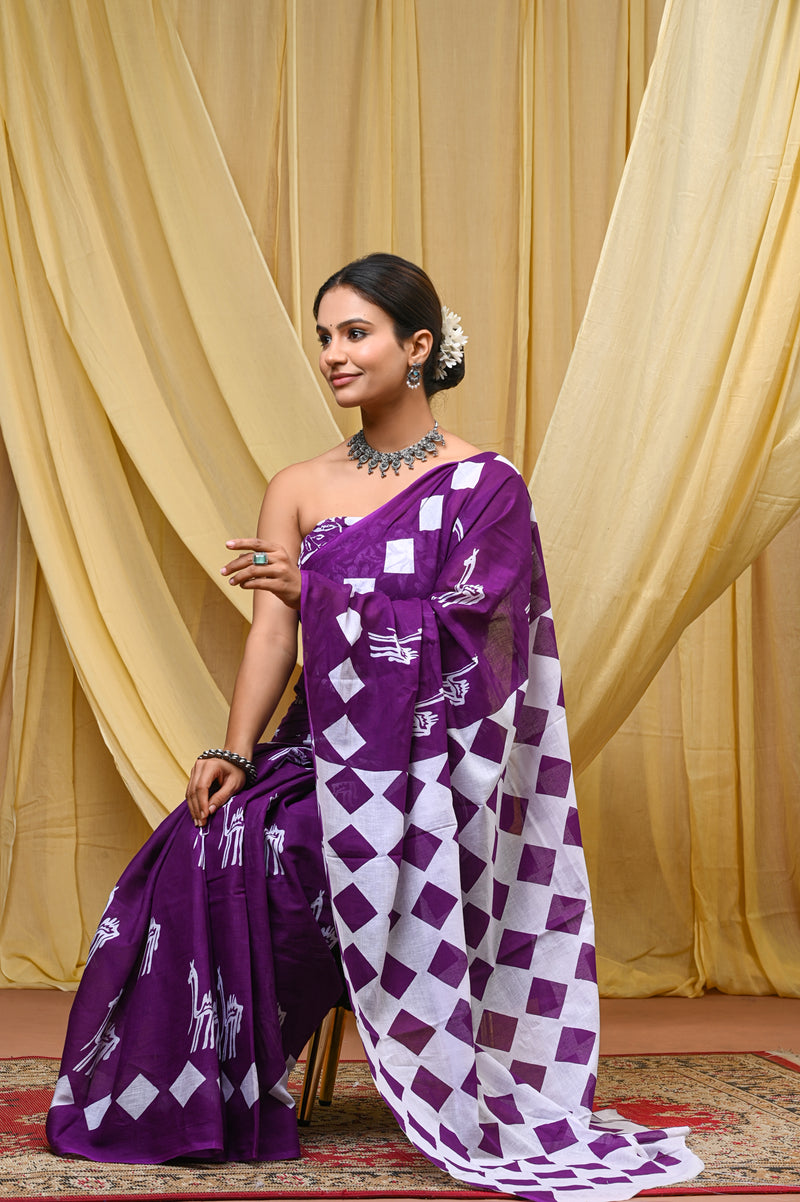 Women's Purple Geometric Box Pattern Pure Cotton Mulmul Saree - Front View
