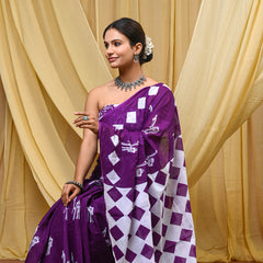 Women's Purple Geometric Box Pattern Pure Cotton Mulmul Saree - Front View