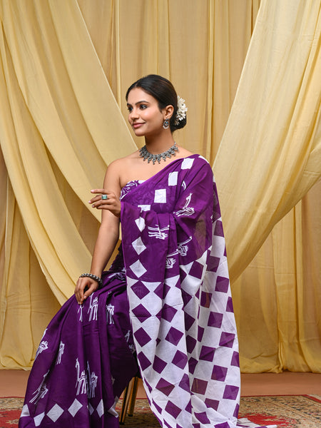 Women's Purple Geometric Box Pattern Pure Cotton Mulmul Saree - Front View