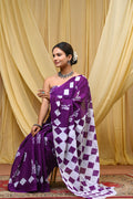 Women's Purple Geometric Box Pattern Pure Cotton Mulmul Saree