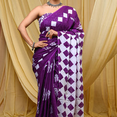 Women's Purple Geometric Box Pattern Pure Cotton Mulmul Saree - Side / Back View