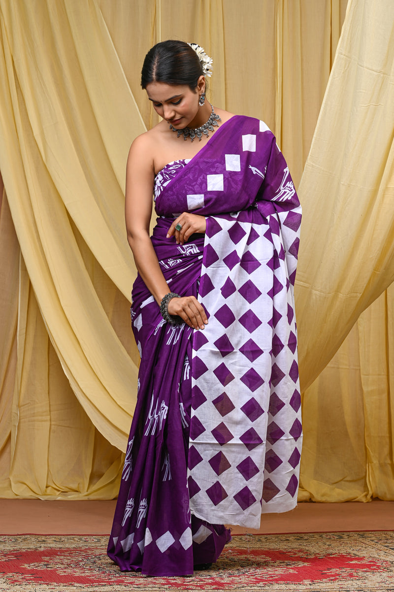 Women's Purple Geometric Box Pattern Pure Cotton Mulmul Saree - Drape View
