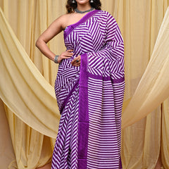 Women's Purple Leheriya Wave Pure Cotton Mulmul Saree - Side / Back View