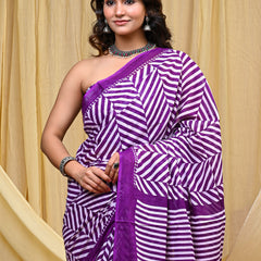 Women's Purple Leheriya Wave Pure Cotton Mulmul Saree - Detail View