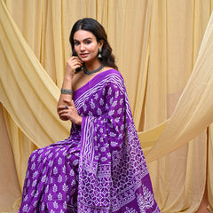 Women's Purple Patti Stripe Pure Cotton Mulmul Saree - Front View