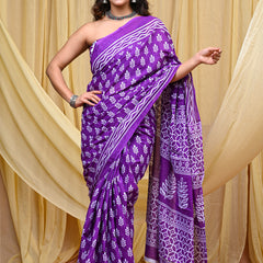 Women's Purple Patti Stripe Pure Cotton Mulmul Saree - Side / Back View