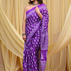 Women's Purple Patti Stripe Pure Cotton Mulmul Saree - Drape View