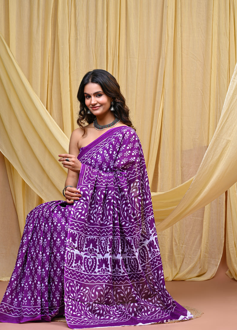 Women's Purple Trishul Motif Pure Cotton Mulmul Saree - Front View