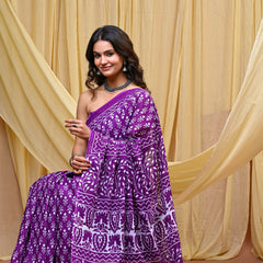 Women's Purple Trishul Motif Pure Cotton Mulmul Saree - Front View
