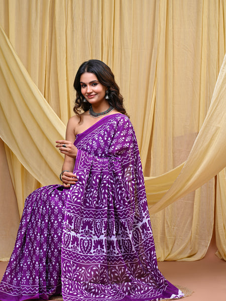 Women's Purple Trishul Motif Pure Cotton Mulmul Saree - Front View