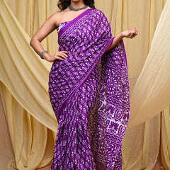 Women's Purple Trishul Motif Pure Cotton Mulmul Saree - Side / Back View