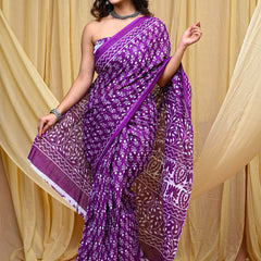 Women's Purple Trishul Motif Pure Cotton Mulmul Saree - Drape View