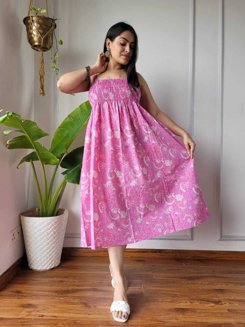 Women Pink Jaal Printed Smocked Cotton Midi Dress - Side / Back View