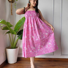 Women Pink Jaal Printed Smocked Cotton Midi Dress - Side / Back View