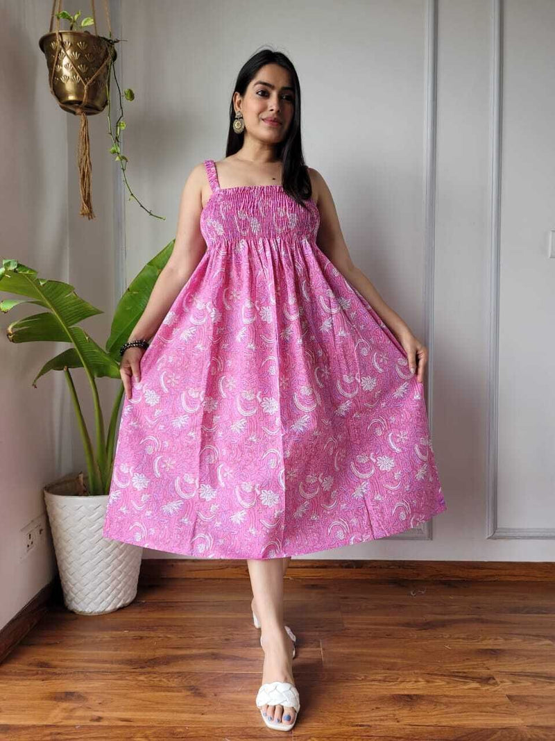 Women Pink Jaal Printed Smocked Cotton Midi Dress - Bodice & Fabric Detail View