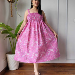 Women Pink Jaal Printed Smocked Cotton Midi Dress - Bodice & Fabric Detail View