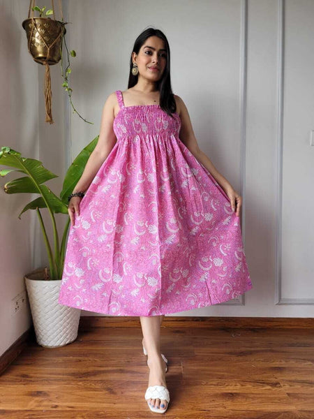 Women Pink Jaal Printed Smocked Cotton Midi Dress - Bodice & Fabric Detail View