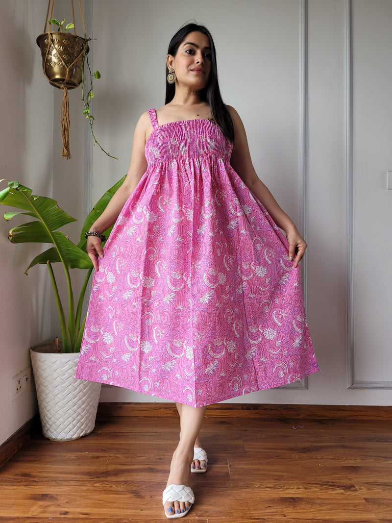 Women Pink Jaal Printed Smocked Cotton Midi Dress - Flowy Flare View
