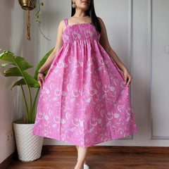 Women Pink Jaal Printed Smocked Cotton Midi Dress - Flowy Flare View