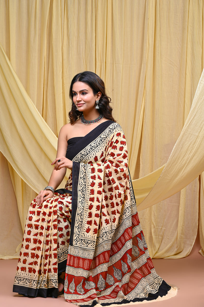 Women's Red&Cream Elephant Motif Pure Cotton Mulmul Saree - Front View