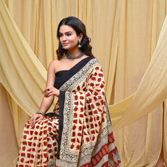 Women's Red&Cream Elephant Motif Pure Cotton Mulmul Saree - Front View