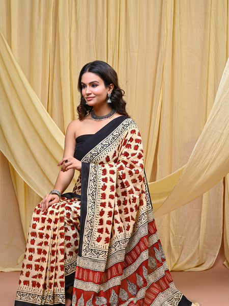 Women's Red&Cream Elephant Motif Pure Cotton Mulmul Saree - Front View