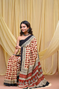 Women's Red&Cream Elephant Motif Pure Cotton Mulmul Saree