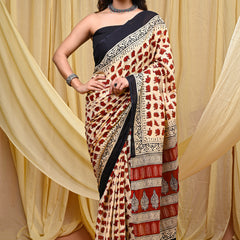 Women's Red&Cream Elephant Motif Pure Cotton Mulmul Saree - Side / Back View