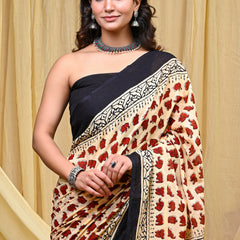 Women's Red&Cream Elephant Motif Pure Cotton Mulmul Saree - Detail View