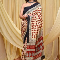 Women's Red&Cream Elephant Motif Pure Cotton Mulmul Saree - Drape View