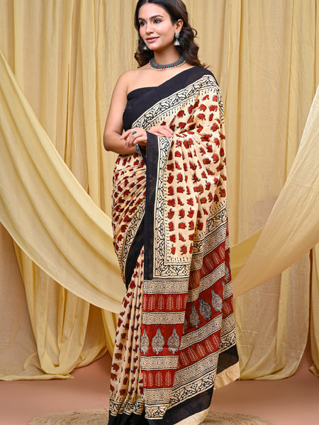 Women's Red&Cream Elephant Motif Pure Cotton Mulmul Saree - Drape View