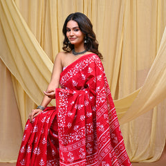 Women's Red Bold Patta Border Pure Cotton Mulmul Saree - Front View